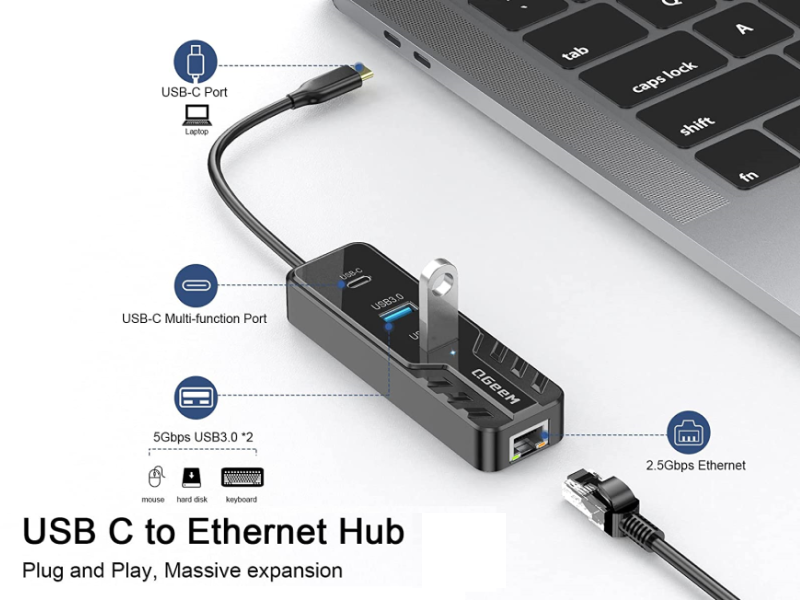 QGeeM TYPE-C to Ethernet 2.5G Adapter,4-in-1 USB C Hub Multiport Adapter, Full Function USB C Compatible with Thunderbolt 3/4,100W Power Delivery