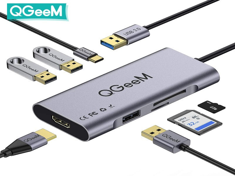 QGeeM 7-in-1 USB A MiniDock HDMI,3 USB Ports,SD/Micro Card Reader Compatible with Windows, Android