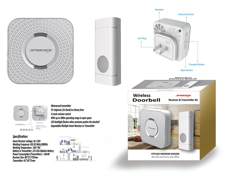 Speedex Wireless Doorbell 52 ringtones, Waterproof Door bell Transmitter & Receiver Kit_White color