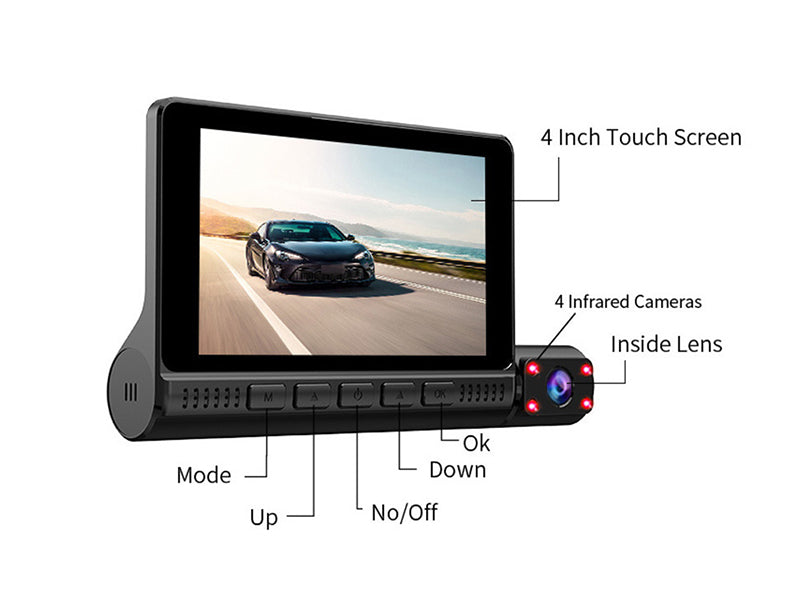 HD1080P 3 Lens (Front+Inner+rear) Car DVR 4 inch IPS touch screen night vision recorder car camera_Black color