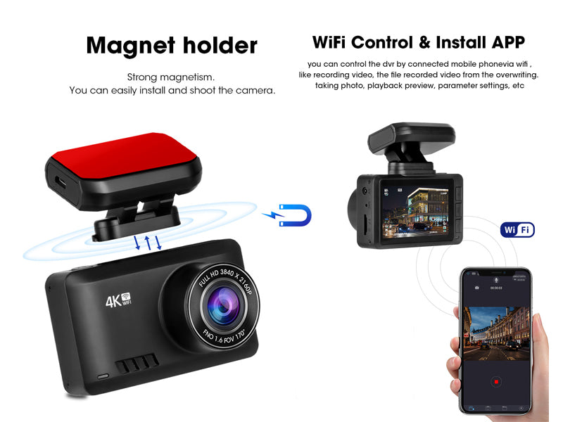 4K Dual Lens Dash Camera with GPS Track, WiFi control, 2.45 inch IPS, 170 degree wide angle, Magnet holder DVR car Camera _Black color