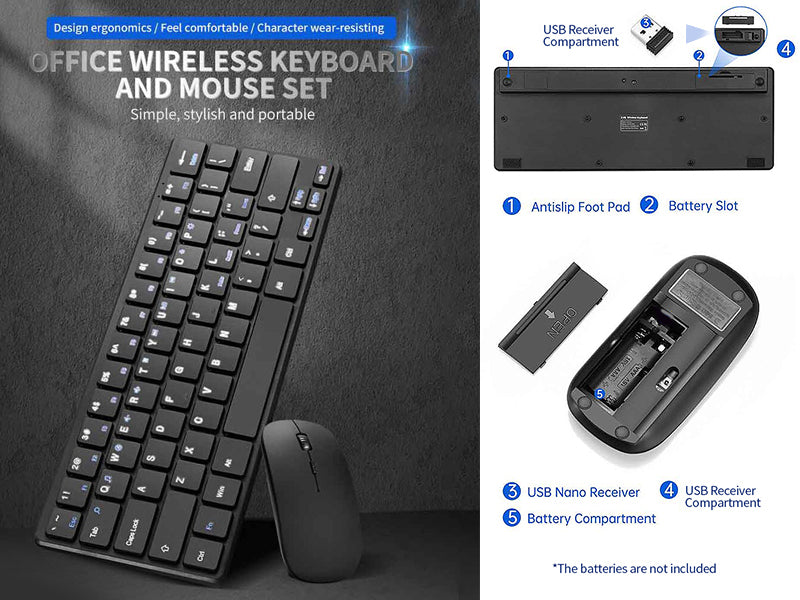 Wireless 2.4GHz 64 keys 5 Row Ultra-slim Silent Wireless Keyboard & Mouse Combo for Notebook Laptop Desktop PC & Smart TV_Black color