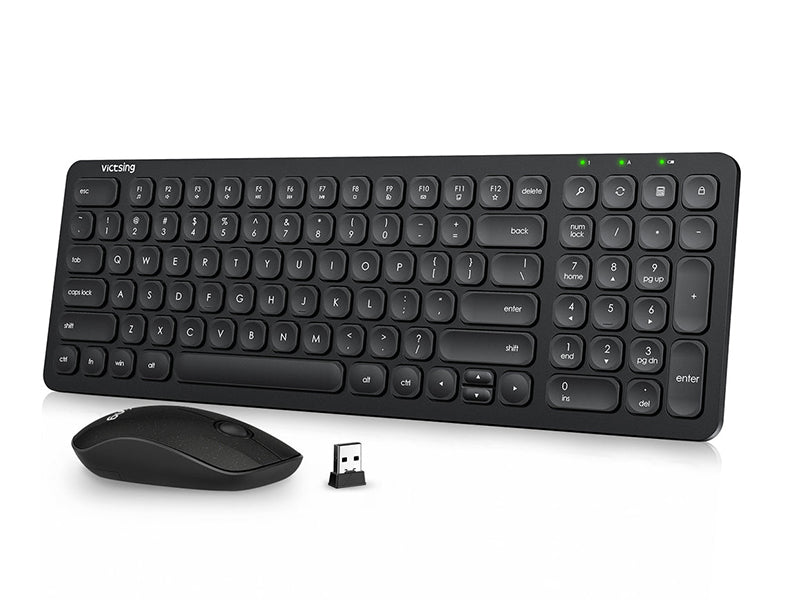 VicTsing PC238 2.4G Wireless Compact Ultra Slim Keyboard and Mouse Combo Set, Noise Reduction, 4 Separate Multimedia Keys_Black color