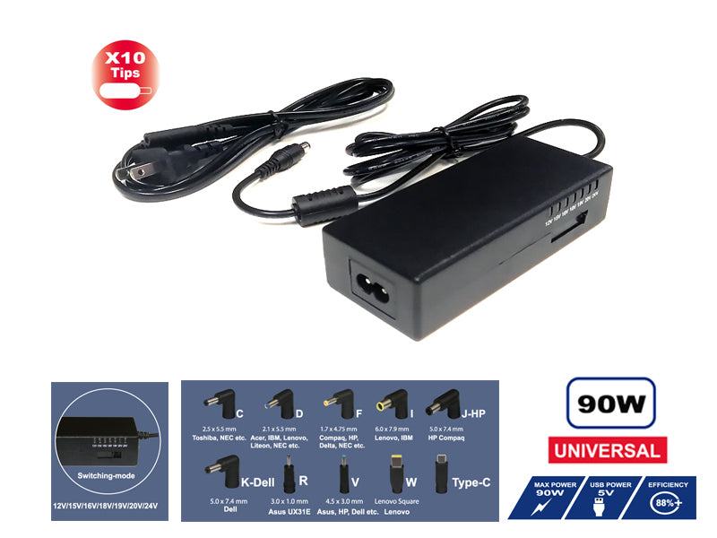 Universal 90W AC power Adapter with 10 tips & USB port for laptop(Black)