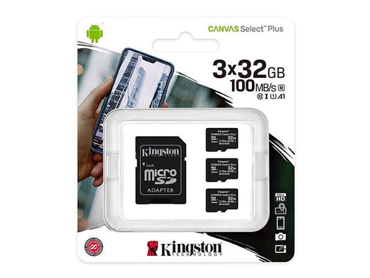 Kingston Canvas Select Plus microSDHC 32GB Three Pack Class 10 UHS-I Up to 100MB/s Read (SDCS2/32GB-3P1ACR)