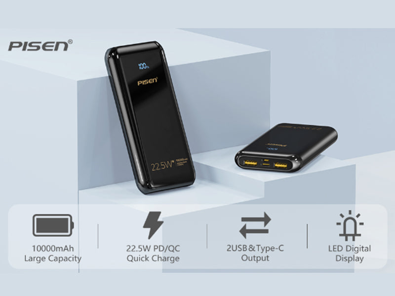 PISEN 10000mAh USB-C Portable 22.5W PD QC 3.0 Fast Charging Power Bank with LED Display