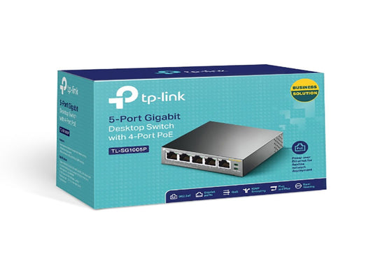 5-Port Gigabit Desktop Switch with 4-Port PoE, 5 Gigabit RJ45 ports including 4 PoE ports, 56W PoE Power supply, steel case