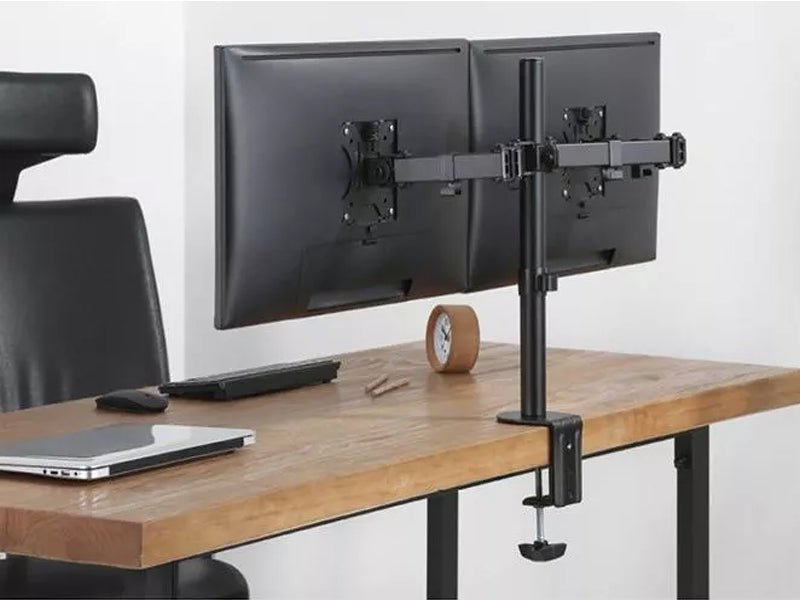 Dual Screens Economical Double Joint Articulating Steel Monitor Arm fit Most 13’’-32’’ Monitors Up to 8kg per screen, 360°Screen Rotation