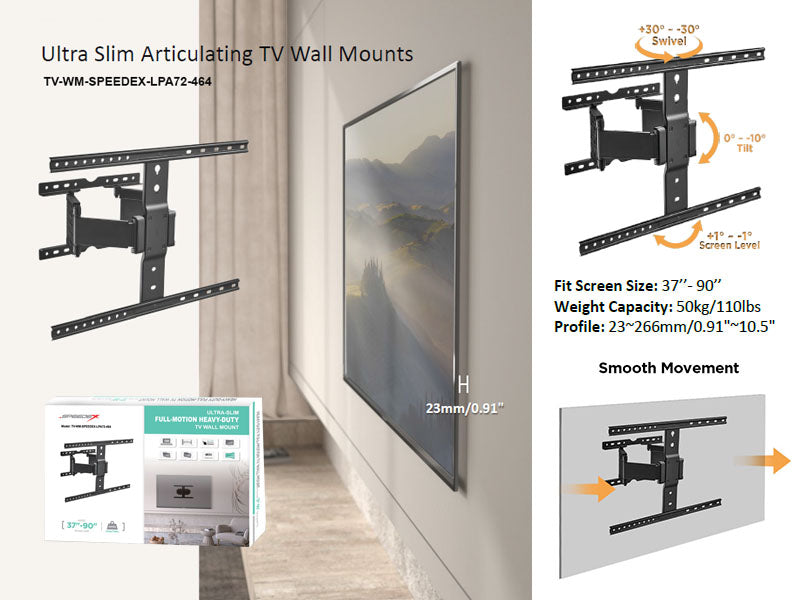 (NEW) Speedex Ultra Slim Design Articulating Full-Motion TV wall Mount for most 37-90 inch TVs_Black