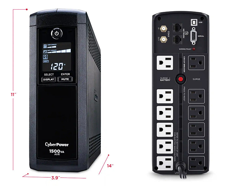 Cyberpower 1500VA 900W 12 Outlets 120V NEMA 5-15P with 6ft. cord, Data line protection for Telephone, Ethernet, Coaxia